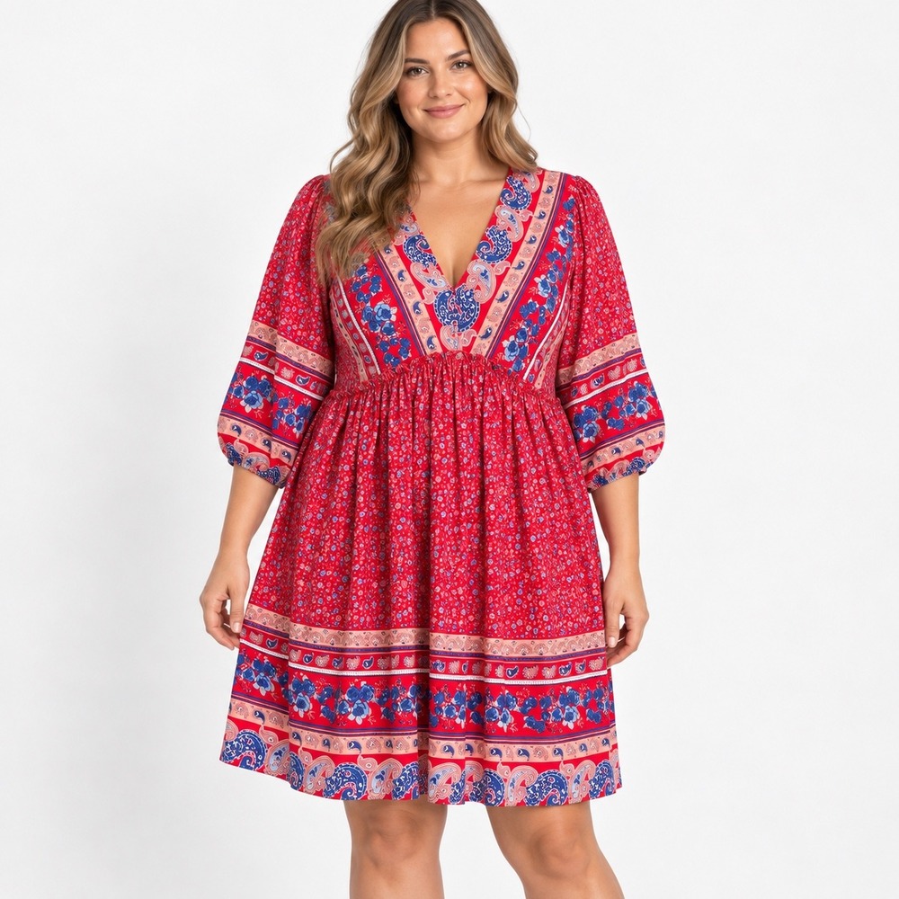 BTFBM Boho V-Neck Floral Paisley Empire Waist Puff Sleeve Dress Red Size Large